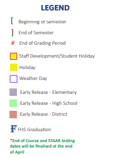 District School Academic Calendar Legend for Frenship Middle School