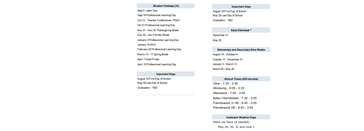 District School Academic Calendar Key for Friendswood J H