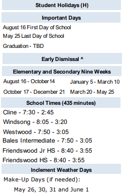 District School Academic Calendar Legend for Friendswood H S