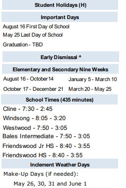 District School Academic Calendar Legend for Zue S Bales Int