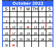 District School Academic Calendar for Zue S Bales Int for October 2022