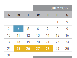 District School Academic Calendar for Collin Co J J A E P for July 2022