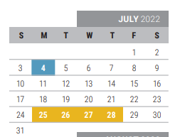 District School Academic Calendar for Acker Special Programs Center for July 2022