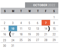 District School Academic Calendar for Acker Special Programs Center for October 2022