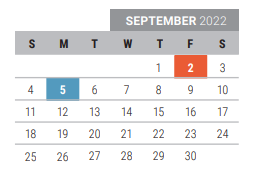 District School Academic Calendar for Collin Co J J A E P for September 2022