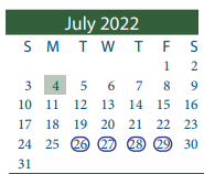 District School Academic Calendar for Cloverleaf Elementary for July 2022
