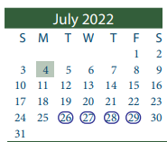 District School Academic Calendar for Green Valley Elementary for July 2022