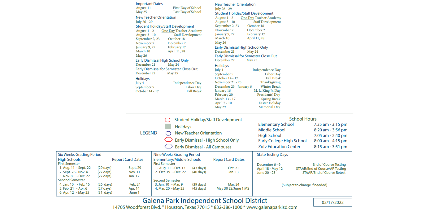District School Academic Calendar Key for Galena Park Middle