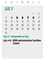 District School Academic Calendar for Gisd Evening Sch for July 2022