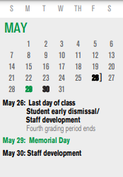 District School Academic Calendar for Gisd Alternative School for May 2023