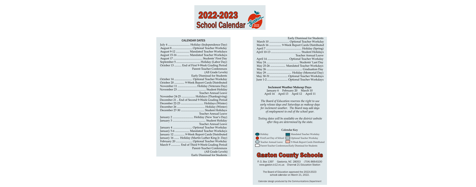 District School Academic Calendar Key for Costner Elementary