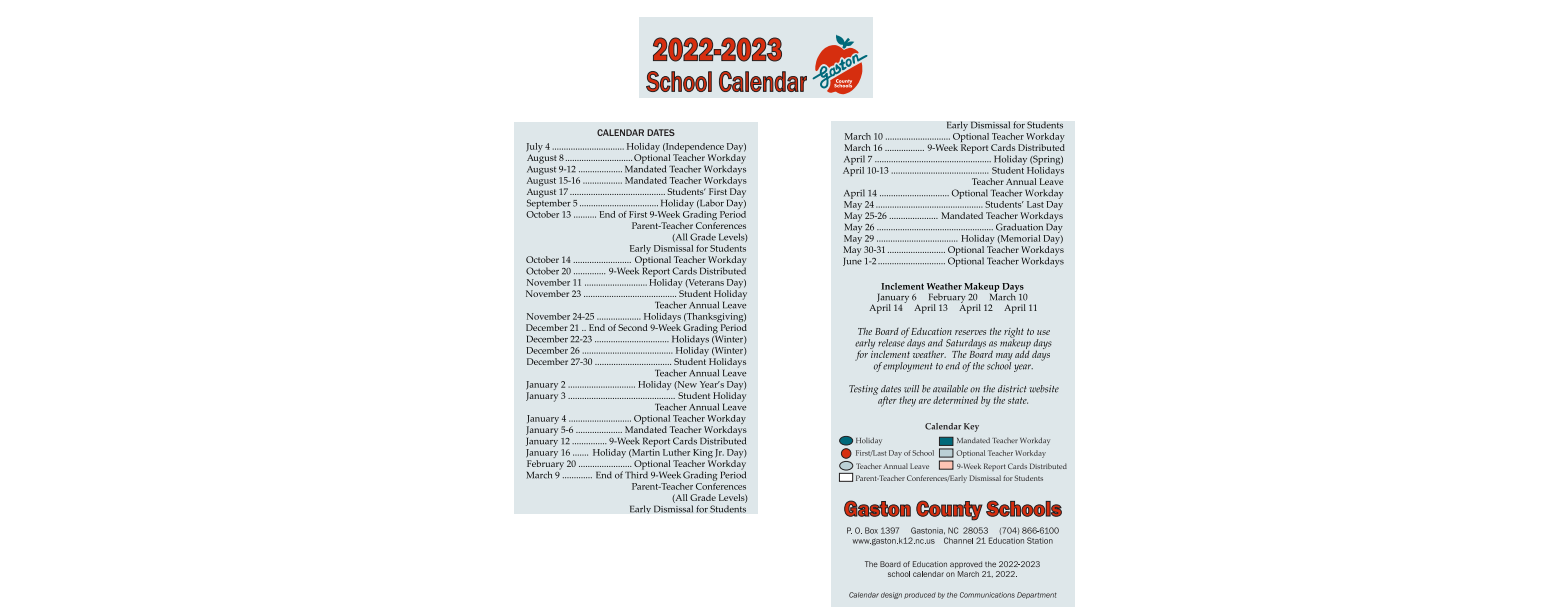 District School Academic Calendar Key for East Gaston High