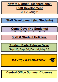 District School Academic Calendar Legend for Gatesville J H