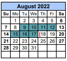 District School Academic Calendar for Williams Elementary School for August 2022