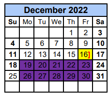 District School Academic Calendar for Georgetown Alter Prog for December 2022