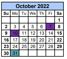 District School Academic Calendar for Williamson Co J J A E P for October 2022