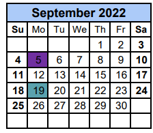 District School Academic Calendar for Williamson Co J J A E P for September 2022