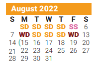 District School Academic Calendar for P A S S Learning Ctr for August 2022