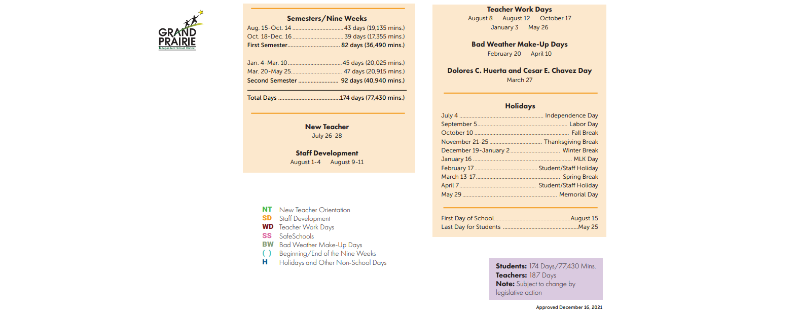 District School Academic Calendar Key for P A S S Learning Ctr