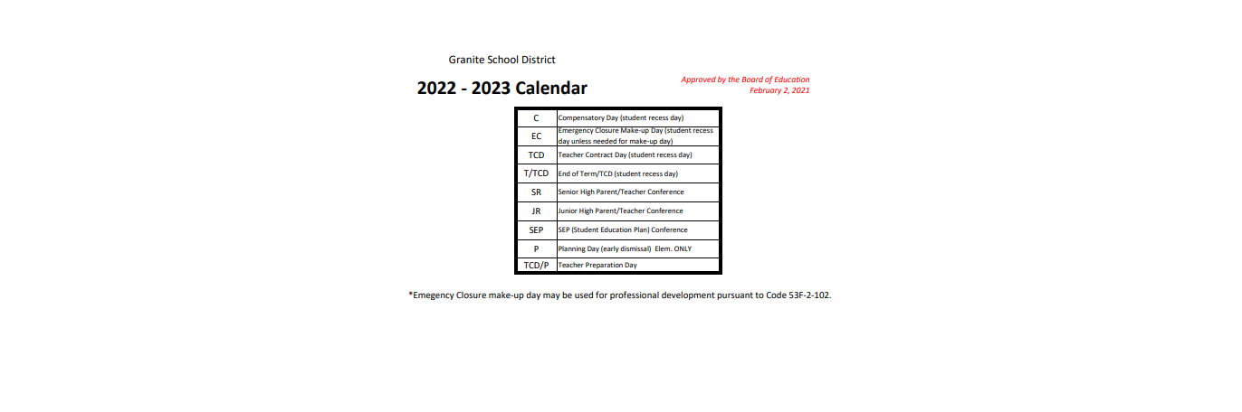 District School Academic Calendar Key for Granger School