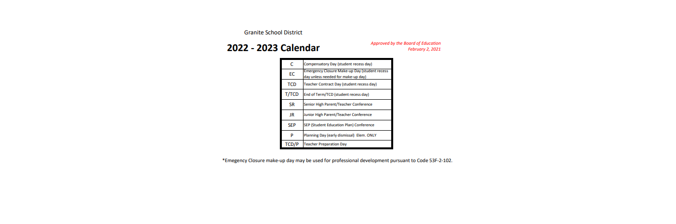 District School Academic Calendar Key for Bennion Jr High