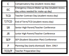 District School Academic Calendar Legend for Lake Ridge School