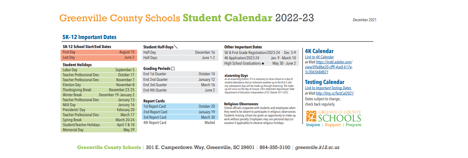 District School Academic Calendar Key for Donaldson Avc