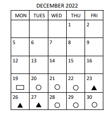 District School Academic Calendar for Philip J Weaver Ed Center for December 2022