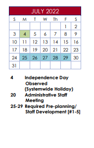 District School Academic Calendar for Sycamore Elementary School for July 2022