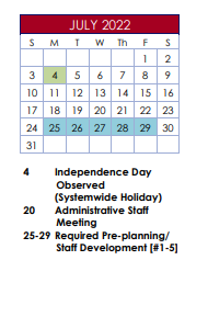 District School Academic Calendar for Alford Elementary for July 2022