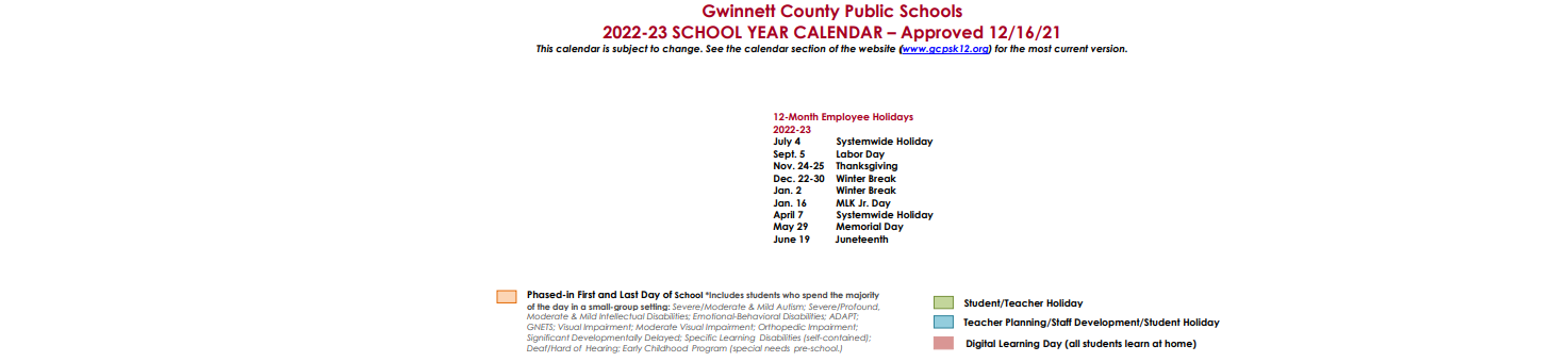 District School Academic Calendar Key for Sugar Hill Elementary School