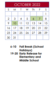 District School Academic Calendar for Susan Stripling Elementary School for October 2022