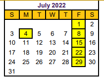 District School Academic Calendar for Hallsville J H for July 2022