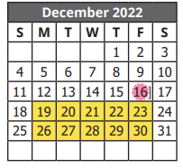 District School Academic Calendar for Wright Elementary for December 2022