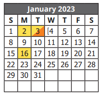 District School Academic Calendar for Jewel C Wietzel Center for January 2023