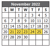 District School Academic Calendar for Wright Elementary for November 2022