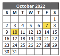 District School Academic Calendar for Jewel C Wietzel Center for October 2022