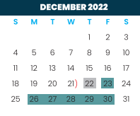 District School Academic Calendar for Cameron Co J J A E P for December 2022