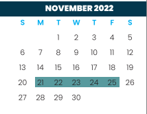 District School Academic Calendar for Moises Vela Middle School for November 2022
