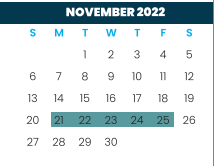 District School Academic Calendar for Cameron Co J J A E P for November 2022