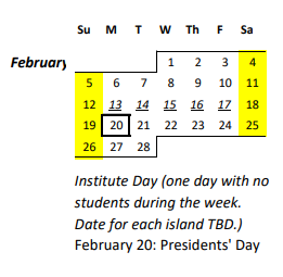 District School Academic Calendar for Princess Miriam K. Likelike Elementary School for February 2023