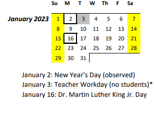 District School Academic Calendar for LT. COL. Horrace Meek Hickam Elementary School for January 2023