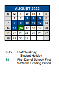 District School Academic Calendar for Alter Impact Ctr for August 2022