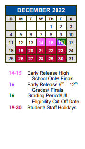 District School Academic Calendar for Wallace Middle School for December 2022