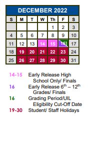 District School Academic Calendar for Hays Co Juvenile Justice Alt Ed Pr for December 2022