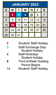 District School Academic Calendar for Susie Fuentes Elementary School for January 2023