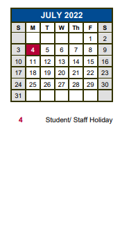 District School Academic Calendar for Hays Co Juvenile Justice Alt Ed Pr for July 2022