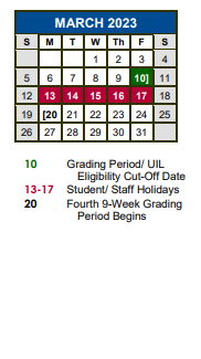 District School Academic Calendar for Academy At Hays for March 2023