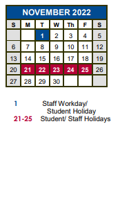 District School Academic Calendar for Jack C Hays High School for November 2022