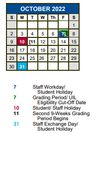 District School Academic Calendar for Jack C Hays High School for October 2022